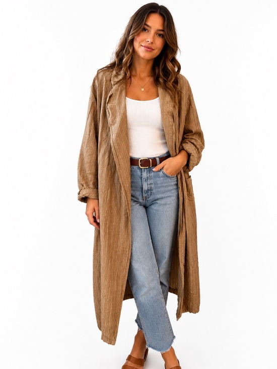 RD Style Tops - RD Style Tan Pinstripe Open Front Trench Style Shirt
